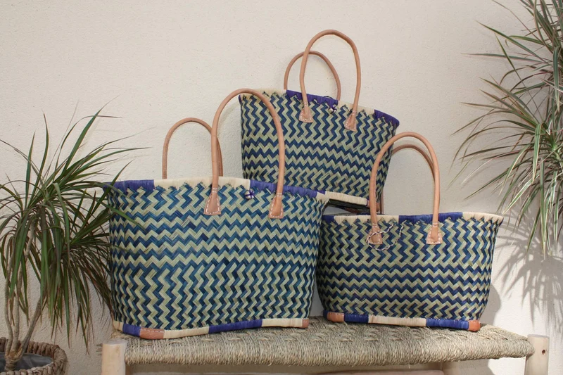 Panier de courses avec Pochon Tissu WAX fleurs Bleu - Cabas marchés - Sac de plage - 3 TAILLES -
