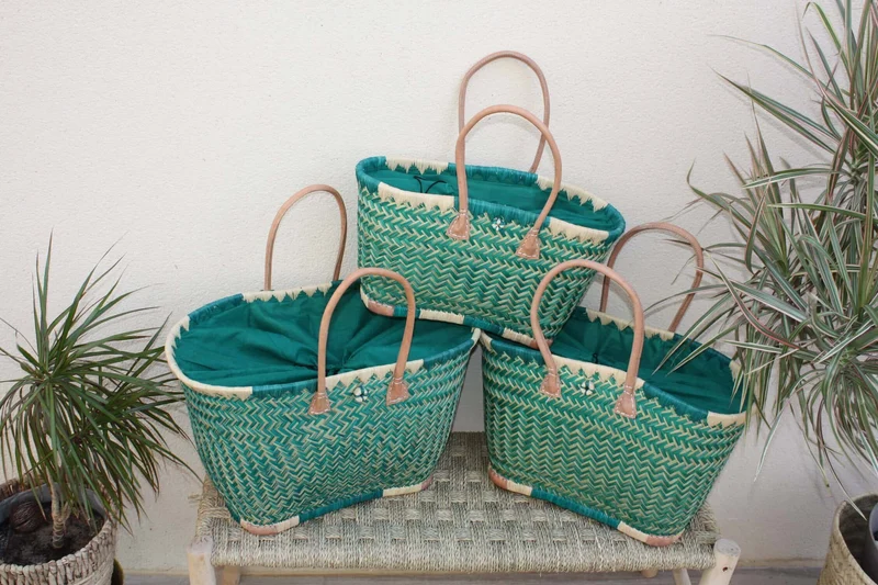 Panier Turquoise XXL de MADAGASCAR + Tissu Pochon - 3 tailles - Sac Cabas courses, marchés, plage