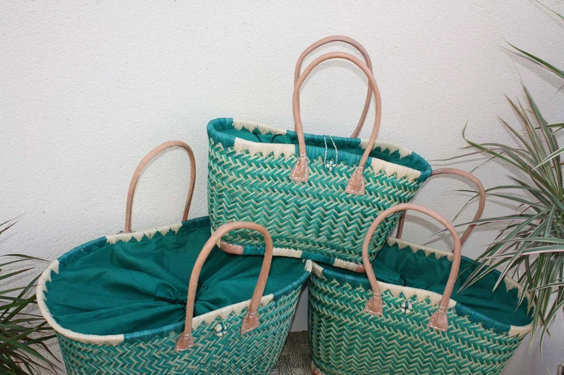 Panier Turquoise XXL de MADAGASCAR + Tissu Pochon - 3 tailles - Sac Cabas courses, marchés, plage