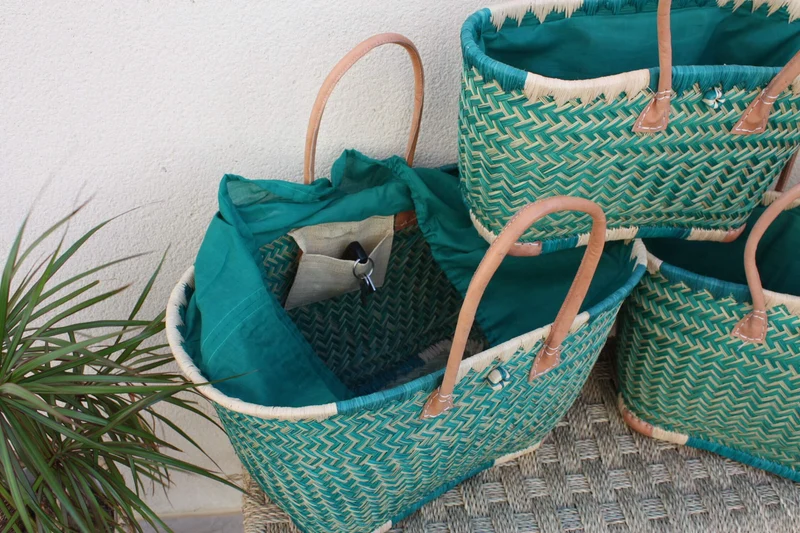 Panier Turquoise XXL de MADAGASCAR + Tissu Pochon - 3 tailles - Sac Cabas courses, marchés, plage