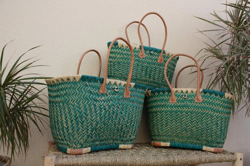 Panier Turquoise XXL de MADAGASCAR + Tissu Pochon - 3 tailles - Sac Cabas courses, marchés, plage