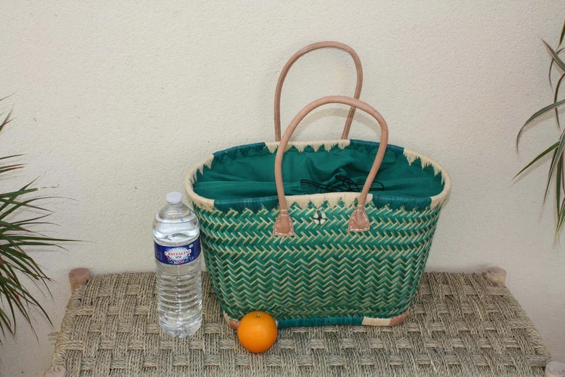 Panier Turquoise XXL de MADAGASCAR + Tissu Pochon - 3 tailles - Sac Cabas courses, marchés, plage