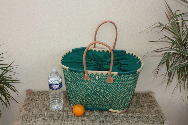Panier Turquoise XXL de MADAGASCAR + Tissu Pochon - 3 tailles - Sac Cabas courses, marchés, plage
