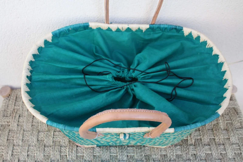 Panier Turquoise XXL de MADAGASCAR + Tissu Pochon - 3 tailles - Sac Cabas courses, marchés, plage