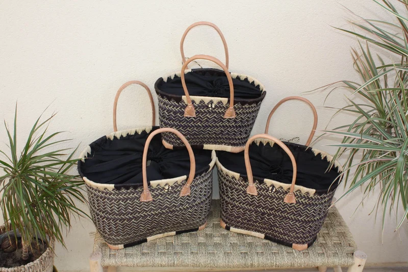 Panier à courses NATUREL de MADAGASCAR - Sac Cabas Pochon Tissu Noir - Tressé à la main - 3 tailles - plage osier paille