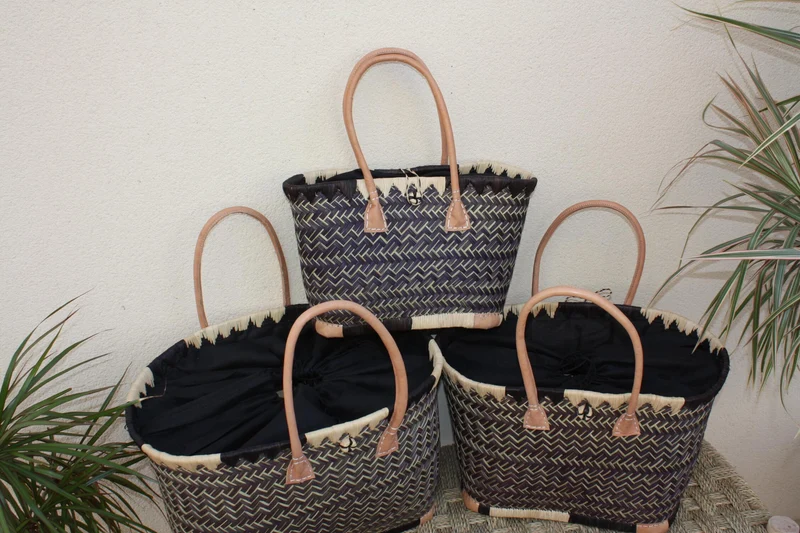 Panier à courses NATUREL de MADAGASCAR - Sac Cabas Pochon Tissu Noir - Tressé à la main - 3 tailles - plage osier paille
