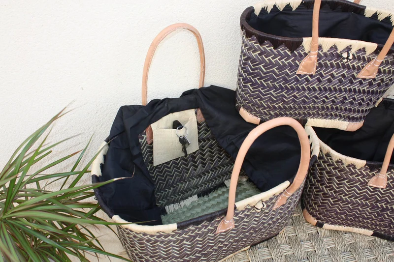 Panier à courses NATUREL de MADAGASCAR - Sac Cabas Pochon Tissu Noir - Tressé à la main - 3 tailles - plage osier paille