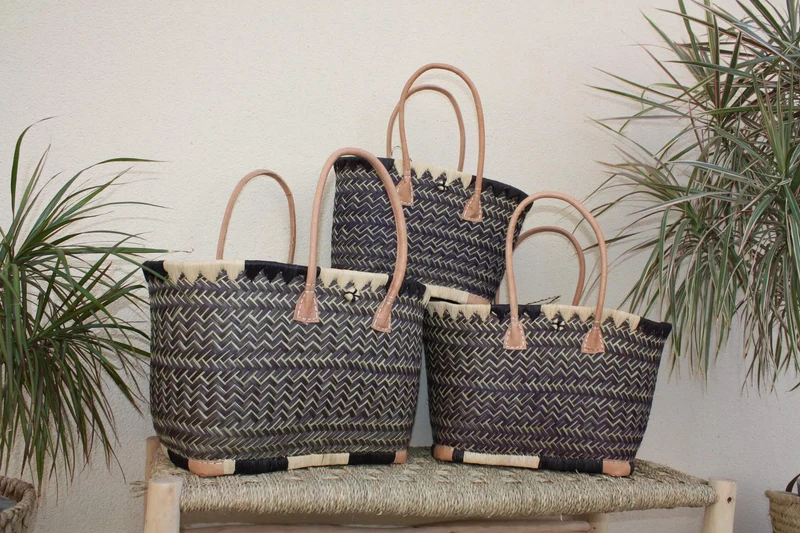 Panier à courses NATUREL de MADAGASCAR - Sac Cabas Pochon Tissu Noir - Tressé à la main - 3 tailles - plage osier paille