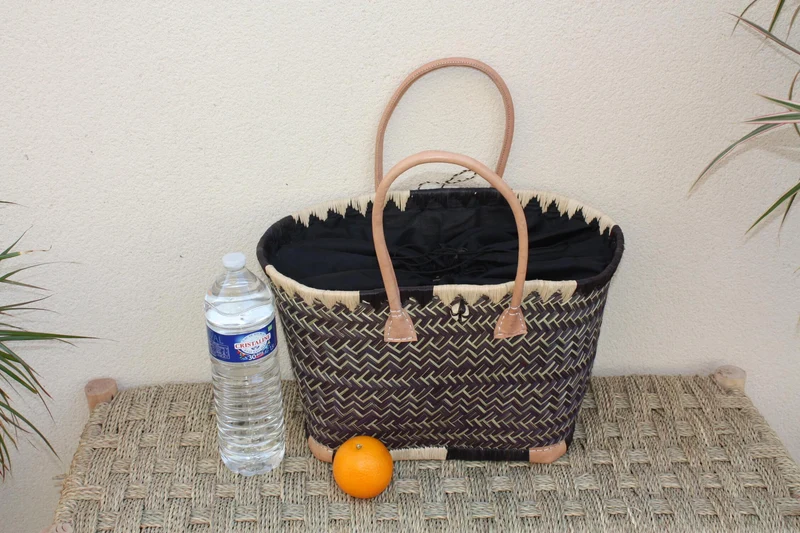 Panier à courses NATUREL de MADAGASCAR - Sac Cabas Pochon Tissu Noir - Tressé à la main - 3 tailles - plage osier paille