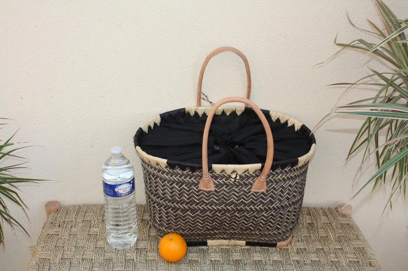 Panier à courses NATUREL de MADAGASCAR - Sac Cabas Pochon Tissu Noir - Tressé à la main - 3 tailles - plage osier paille