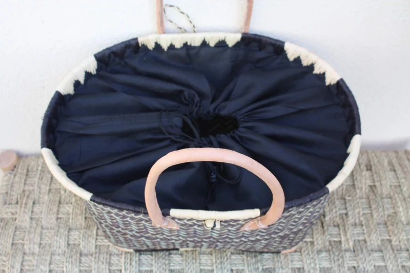 Panier à courses NATUREL de MADAGASCAR - Sac Cabas Pochon Tissu Noir - Tressé à la main - 3 tailles - plage osier paille