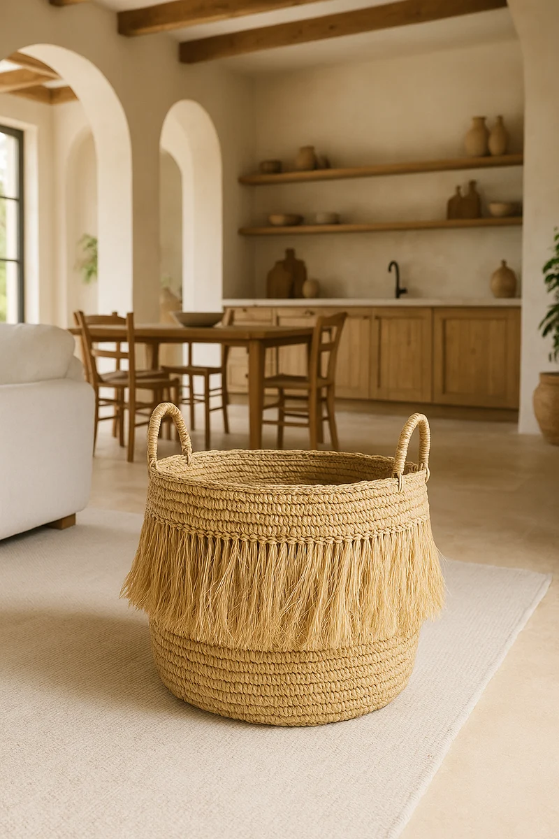 Luys - Panier à franges en raphia naturel D48XH49 cm