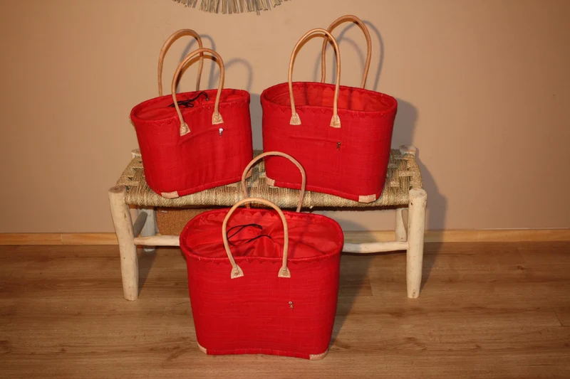 Panier Doublure Rabane Rouge + Poche zippée - Sac Cabas Anses Longues - 3 TAILLES - Marchés, courses, plage...