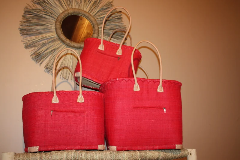 Panier Doublure Rabane Rouge + Poche zippée - Sac Cabas Anses Longues - 3 TAILLES - Marchés, courses, plage...