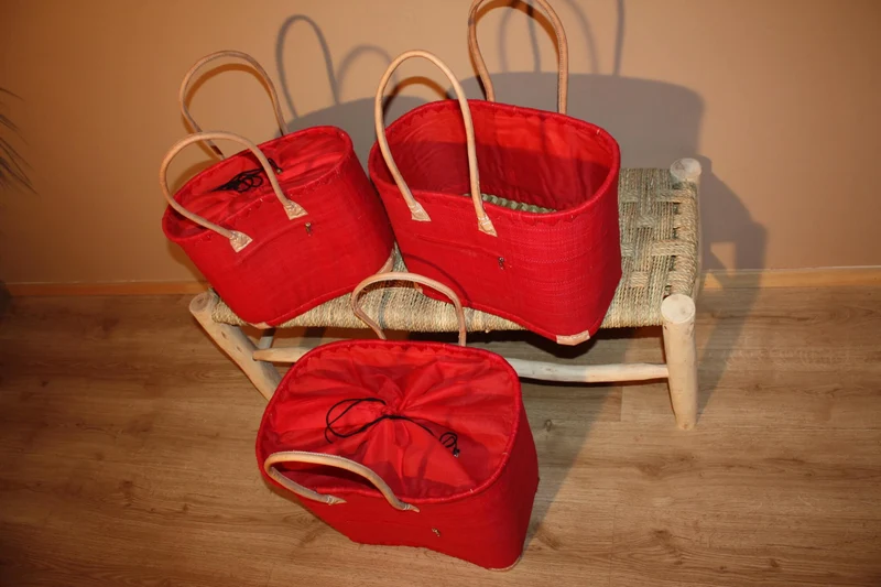 Panier Doublure Rabane Rouge + Poche zippée - Sac Cabas Anses Longues - 3 TAILLES - Marchés, courses, plage...