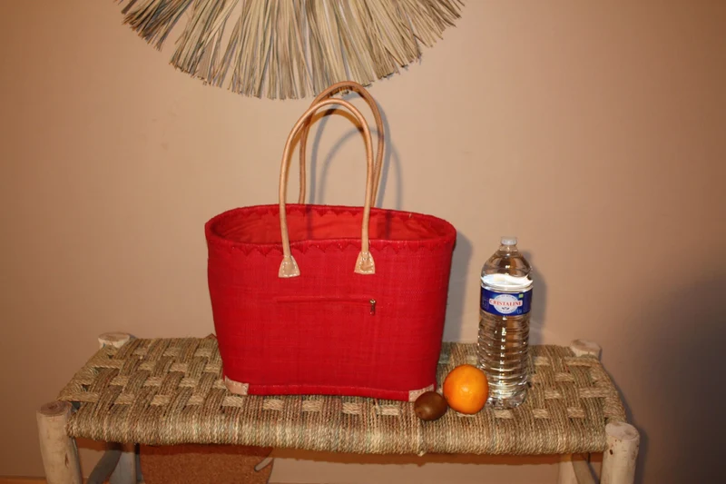 Panier Doublure Rabane Rouge + Poche zippée - Sac Cabas Anses Longues - 3 TAILLES - Marchés, courses, plage...