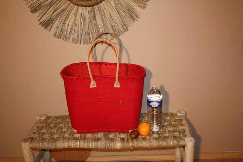 Panier Doublure Rabane Rouge + Poche zippée - Sac Cabas Anses Longues - 3 TAILLES - Marchés, courses, plage...