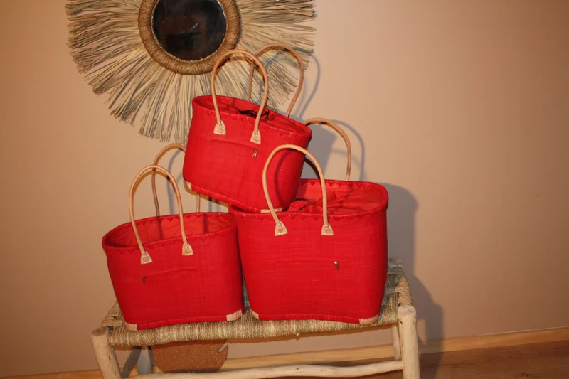 Panier Doublure Rabane Rouge + Poche zippée - Sac Cabas Anses Longues - 3 TAILLES - Marchés, courses, plage...
