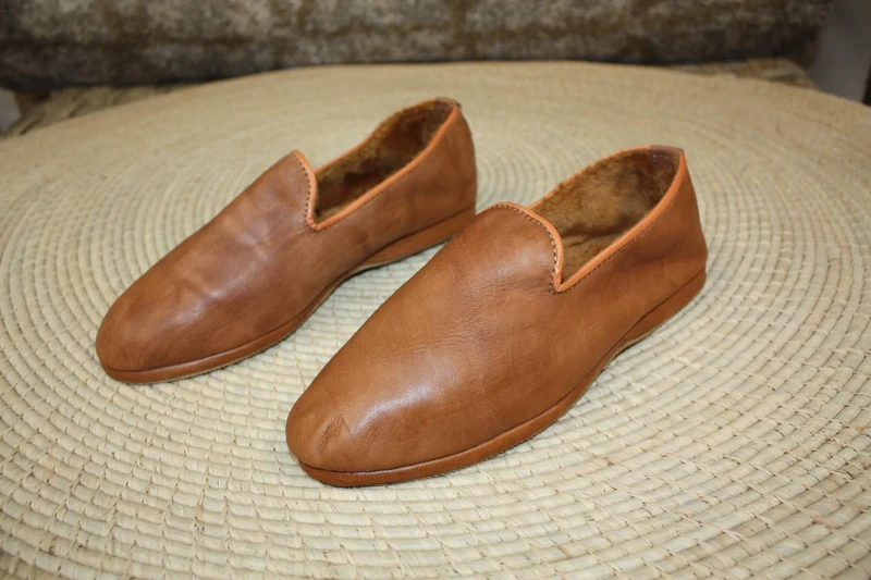 Chaussons CUIR - Chaud & Confortable - Marron Camel - Talons pliables - Couture "cousu retourné" - Homme et Femme - Du 36 au 46