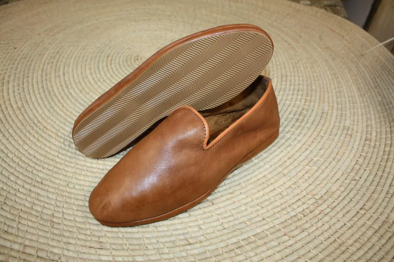 Chaussons CUIR - Chaud & Confortable - Marron Camel - Talons pliables - Couture "cousu retourné" - Homme et Femme - Du 36 au 46