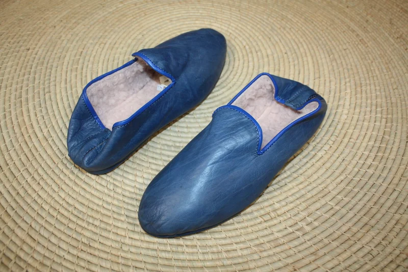 Chaussons CUIR - Chaud & Confortable - Bleu Jeans - Talons pliables - Couture "cousu retourné" - Homme et Femme - Du 36 au 46