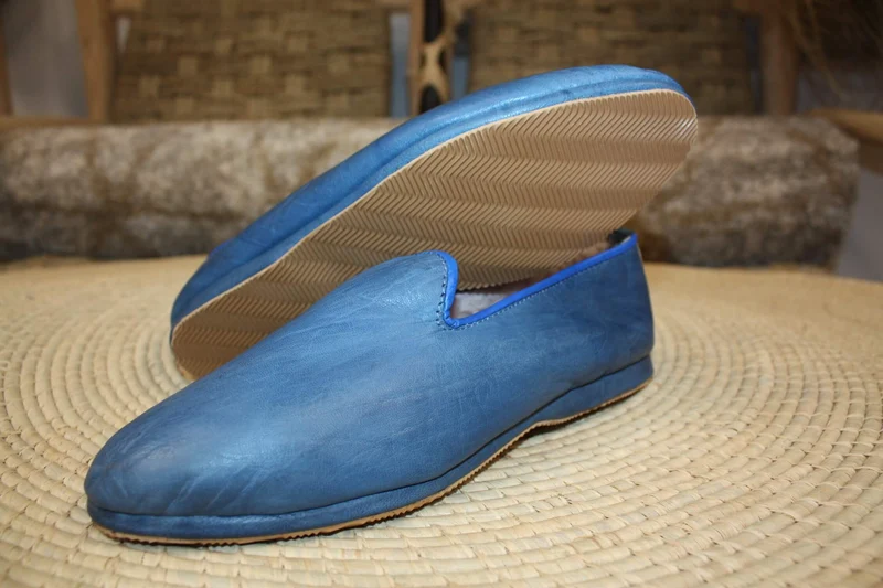 Chaussons CUIR - Chaud & Confortable - Bleu Jeans - Talons pliables - Couture "cousu retourné" - Homme et Femme - Du 36 au 46