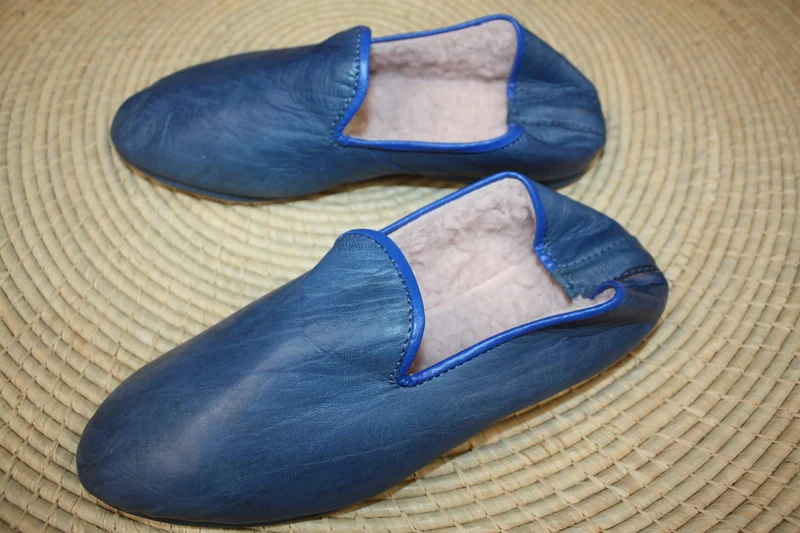 Chaussons CUIR - Chaud & Confortable - Bleu Jeans - Talons pliables - Couture "cousu retourné" - Homme et Femme - Du 36 au 46