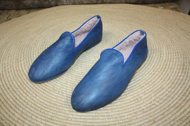 Chaussons CUIR - Chaud & Confortable - Bleu Jeans - Talons pliables - Couture "cousu retourné" - Homme et Femme - Du 36 au 46