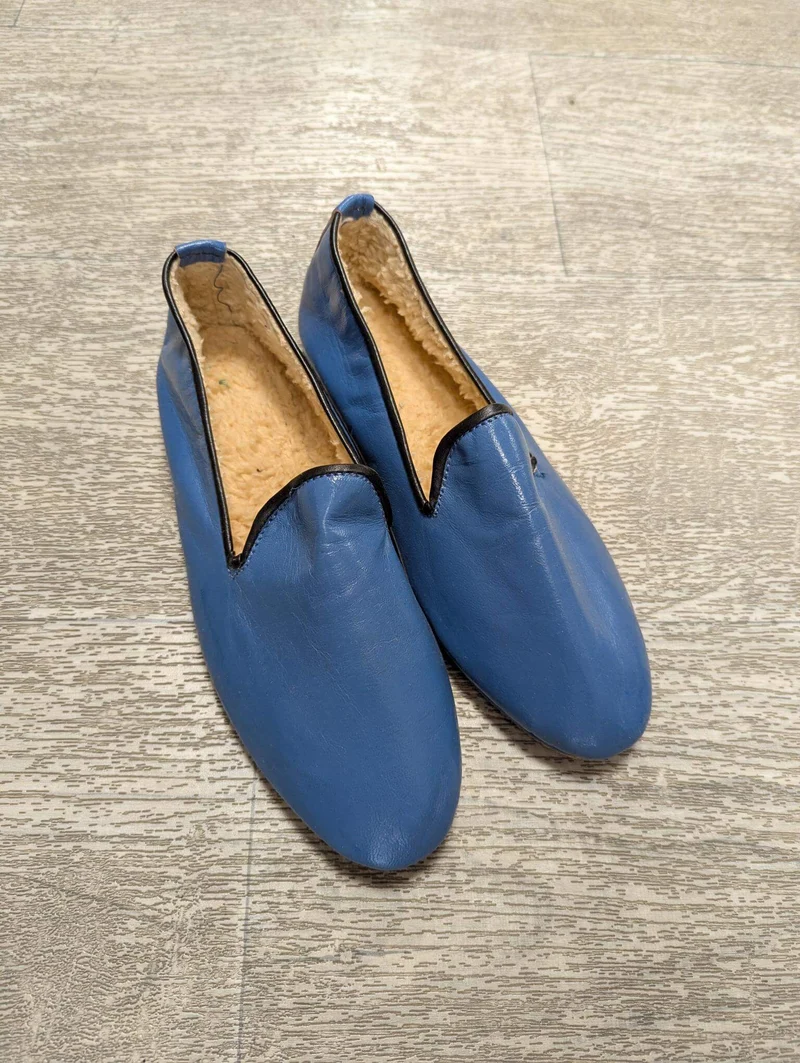 Chaussons CUIR - Chaud & Confortable - Bleu Jeans - Talons pliables - Couture "cousu retourné" - Homme et Femme - Du 36 au 46