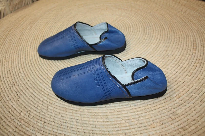 Babouches CUIR Bleu Jeans SEMELLES en PNEUS - Talons pliables - Couture "cousu retourné" - Homme & Femme - Du 40 au 45