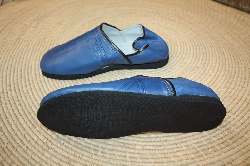 Babouches CUIR Bleu Jeans SEMELLES en PNEUS - Talons pliables - Couture "cousu retourné" - Homme & Femme - Du 40 au 45
