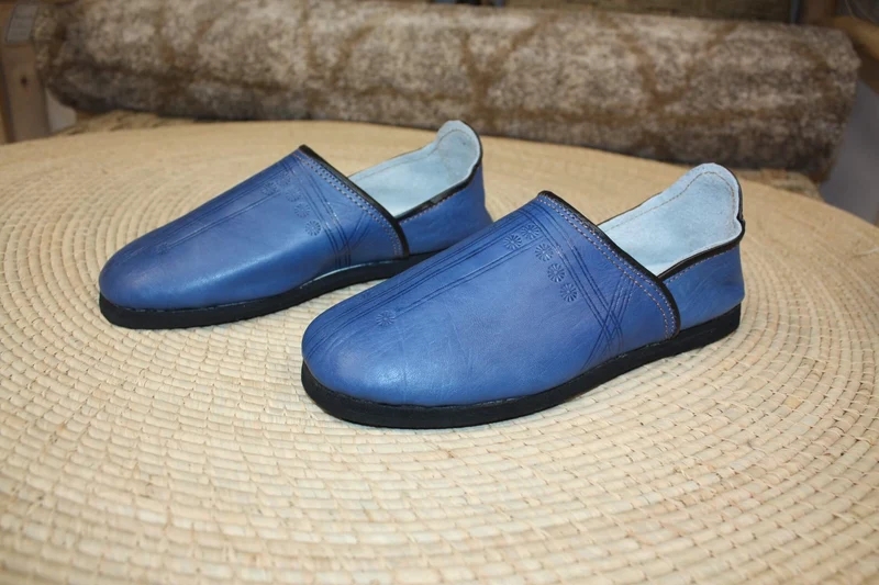Babouches CUIR Bleu Jeans SEMELLES en PNEUS - Talons pliables - Couture "cousu retourné" - Homme & Femme - Du 40 au 45