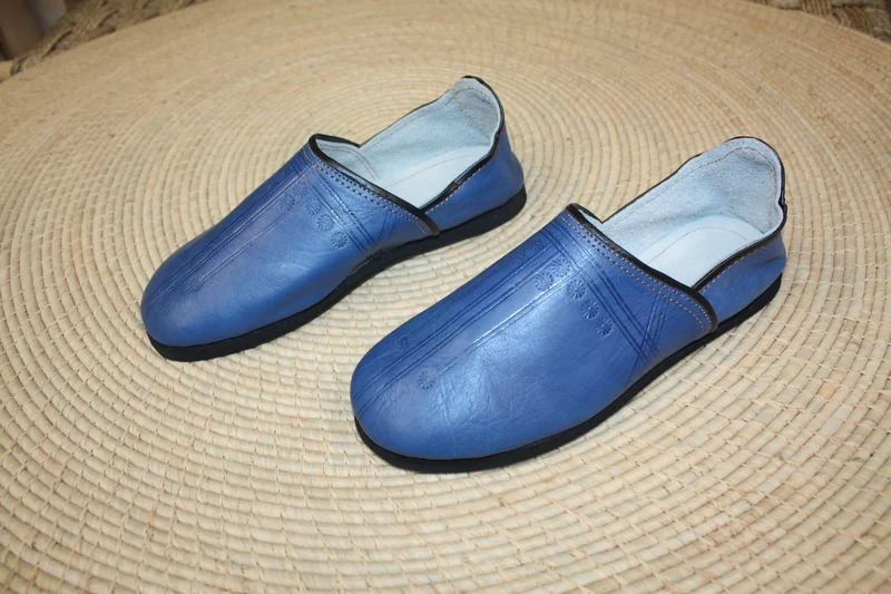 Babouches CUIR Bleu Jeans SEMELLES en PNEUS - Talons pliables - Couture "cousu retourné" - Homme & Femme - Du 40 au 45