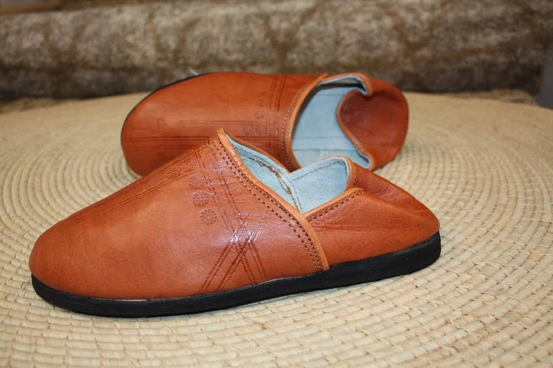Babouches CUIR Camel SEMELLES en PNEUS - Talons pliables - Couture "cousu retourné" - Homme & Femme - Du 40 au 46