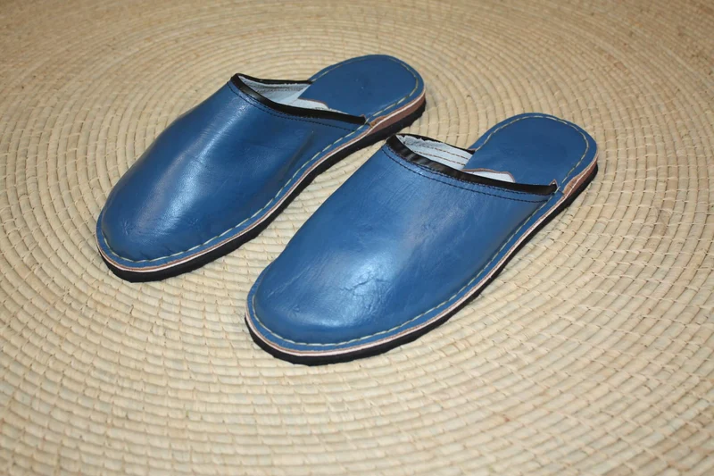 Babouches SEMELLES en PNEUS recyclés ! Cuir Bleu Jeans - Ultra Solide - Homme & Femme - Du 35 au 45