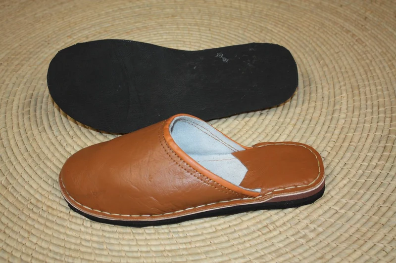Babouches SEMELLES en PNEUS recyclés ! Cuir Camel - Ultra Solide - Homme & Femme - Du 35 au 45