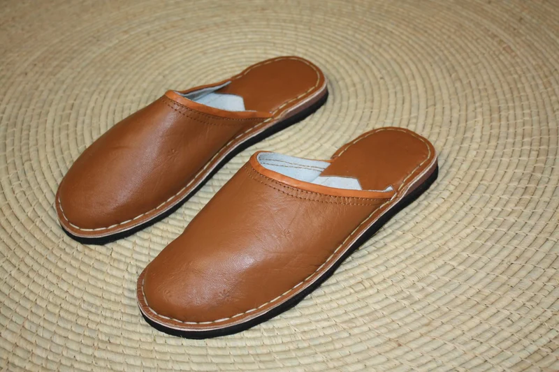 Babouches SEMELLES en PNEUS recyclés ! Cuir Camel - Ultra Solide - Homme & Femme - Du 35 au 45