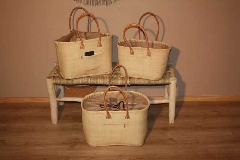 Panier Beige Naturel - Doublé Rabane + Poche zippée - Sac Cabas Anses Longues - 3 TAILLES - Marchés, courses, plage...