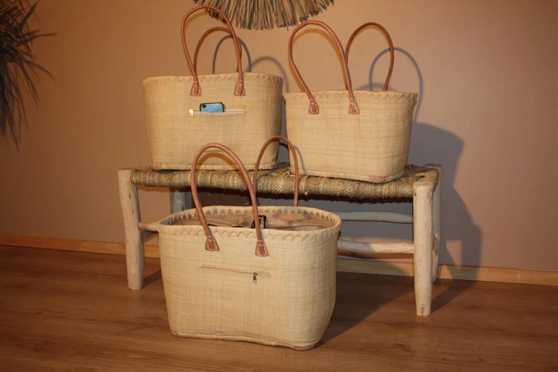 Panier Beige Naturel - Doublé Rabane + Poche zippée - Sac Cabas Anses Longues - 3 TAILLES - Marchés, courses, plage...