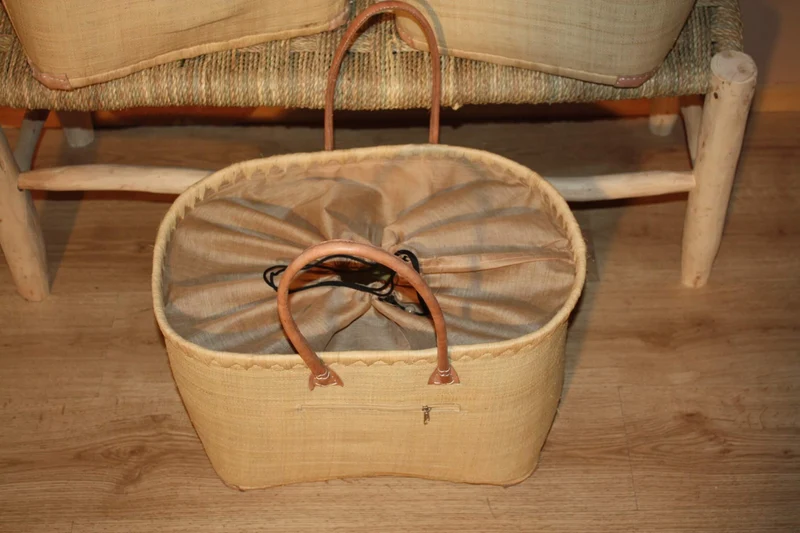 Panier Beige Naturel - Doublé Rabane + Poche zippée - Sac Cabas Anses Longues - 3 TAILLES - Marchés, courses, plage...