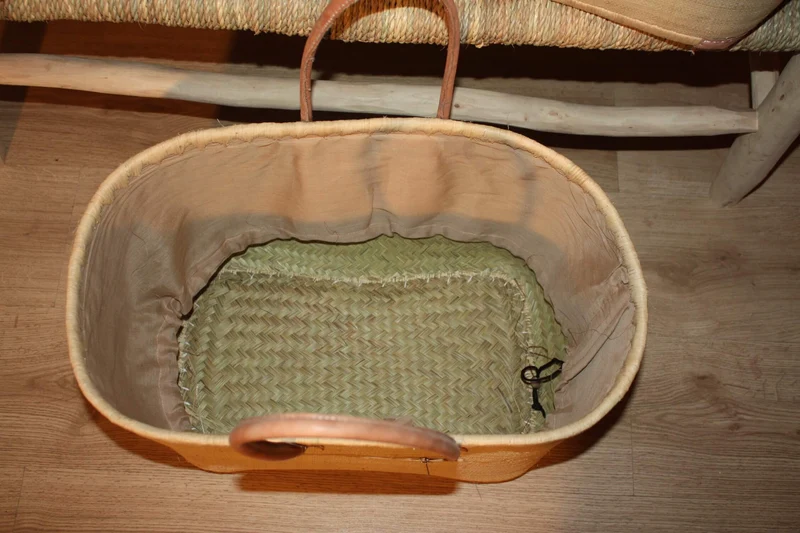 Panier Beige Naturel - Doublé Rabane + Poche zippée - Sac Cabas Anses Longues - 3 TAILLES - Marchés, courses, plage...