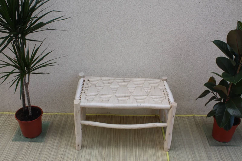BANC en Bois & Nylon Crème - Superbe Banquette Tressée Main - Déco Tendance
