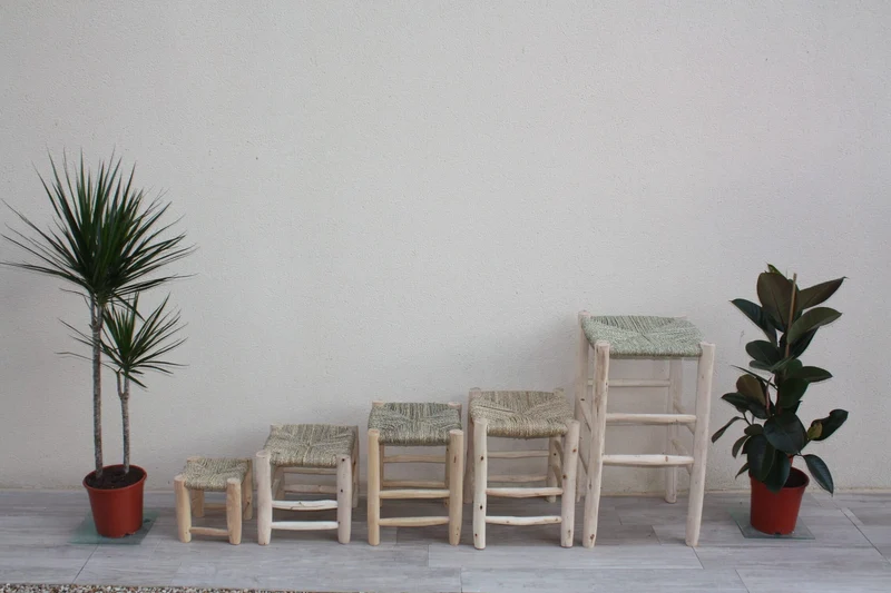 Tabouret en BOIS - FAIT MAIN - 6 Tailles - Artisanal Tressage Corde de Palmier