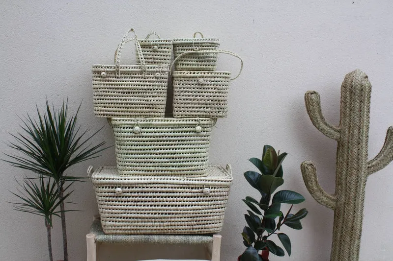 Malle de rangement - Coffre tressé Palmier - Panier Bac Corbeille couvercle - 6 Tailles -