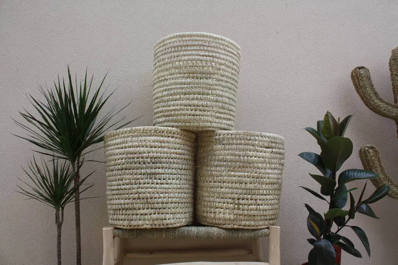 Panier Rond - Coffre de rangement - Tressé en Palmier Blanc - Bac Corbeille à Linge - Paille Rotin Osier