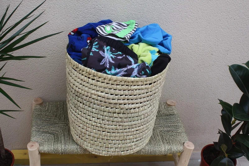 Panier Rond - Coffre de rangement - Tressé en Palmier Blanc - Bac Corbeille à Linge - Paille Rotin Osier