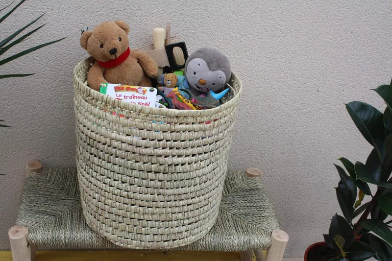 Panier Rond - Coffre de rangement - Tressé en Palmier Blanc - Bac Corbeille à Linge - Paille Rotin Osier