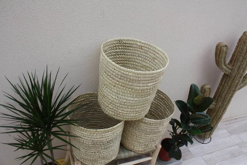 Panier Rond - Coffre de rangement - Tressé en Palmier Blanc - Bac Corbeille à Linge - Paille Rotin Osier