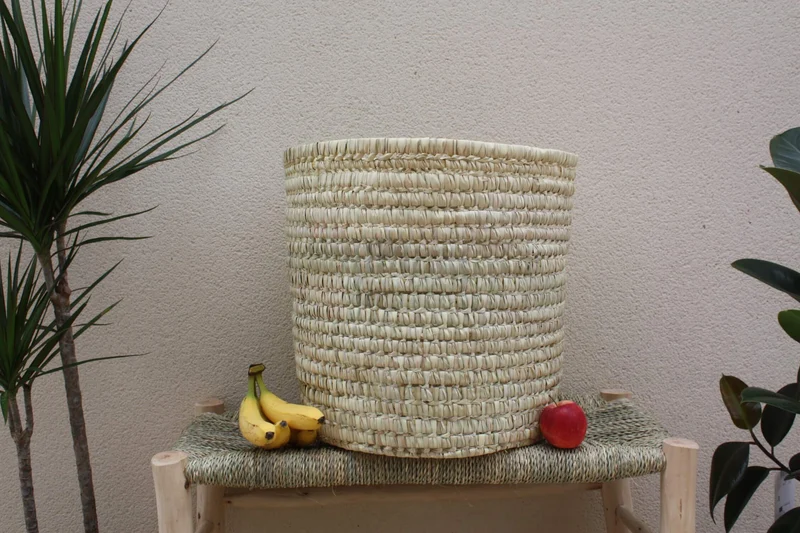 Panier Rond - Coffre de rangement - Tressé en Palmier Blanc - Bac Corbeille à Linge - Paille Rotin Osier