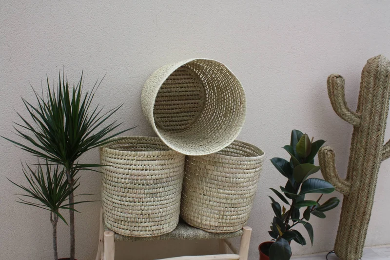 Panier Rond - Coffre de rangement - Tressé en Palmier Blanc - Bac Corbeille à Linge - Paille Rotin Osier